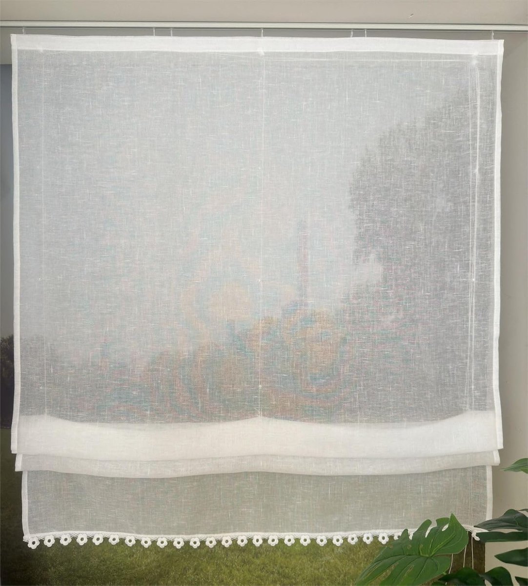 Vouwgordijn met bloemenrand effen gekleurd vouwgordijn met klittenband woonkamer semi-transparant gordijn keuken wit 1 stuk HxB 140x100cm