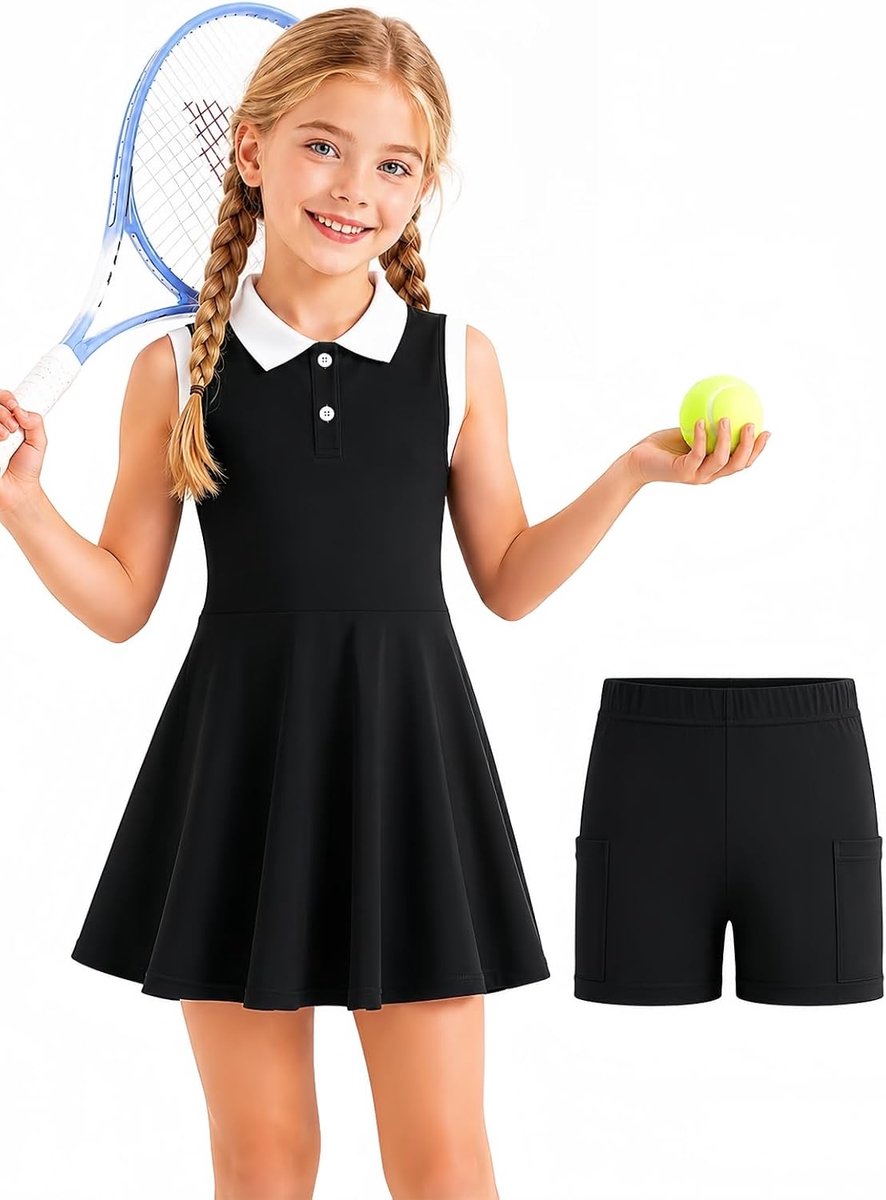 Tennisjurk voor meisjes, met korte broek, mouwloos, atletische jurk, polojurk, golfoutfit met 2 zakken, voor sport-workout