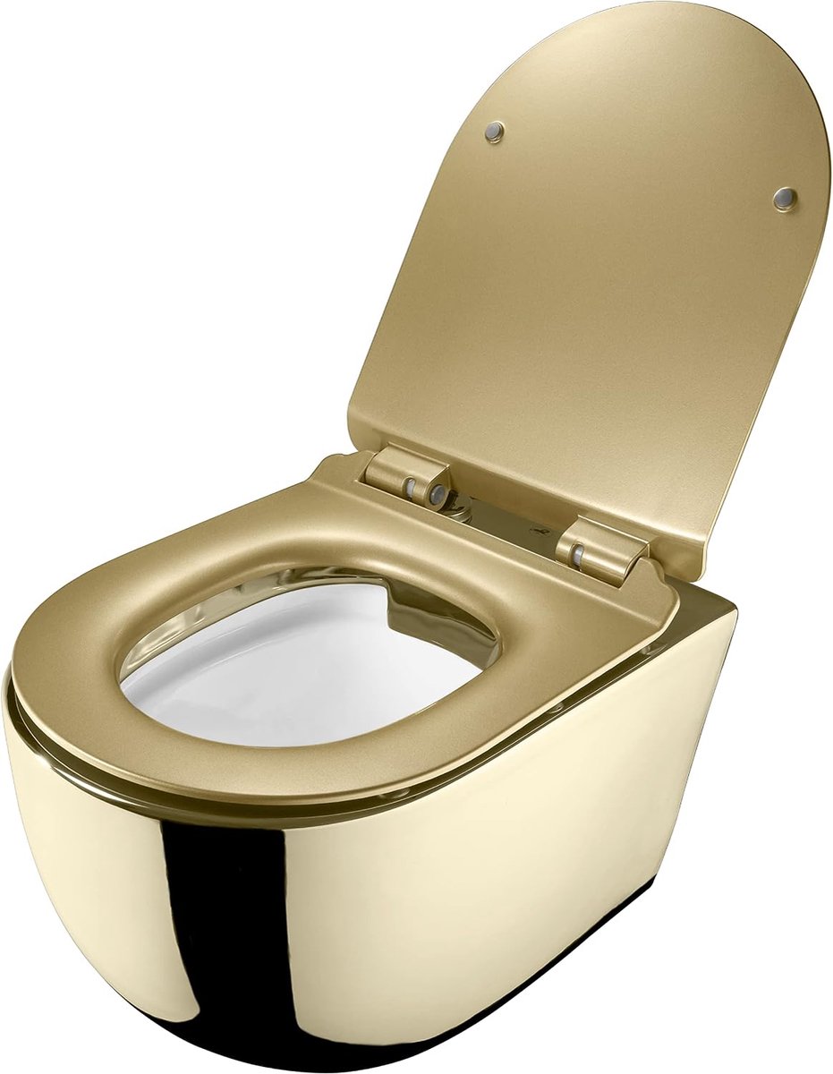 Hang-wc goud glanzend – wandtoilet van keramiek met wit binnenbekken, softclose wc-bril, geluidsisolatie en compleet set