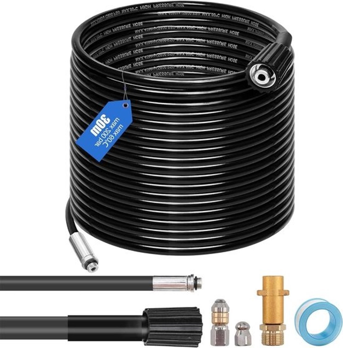 Buisreinigingsslangset - 30 meter - 180 bar en 60 graden - Inclusief sproeiers en adapter - Hogedrukreinigeraccessoire - voor verschillende modellen - Universele buisreinigingsset