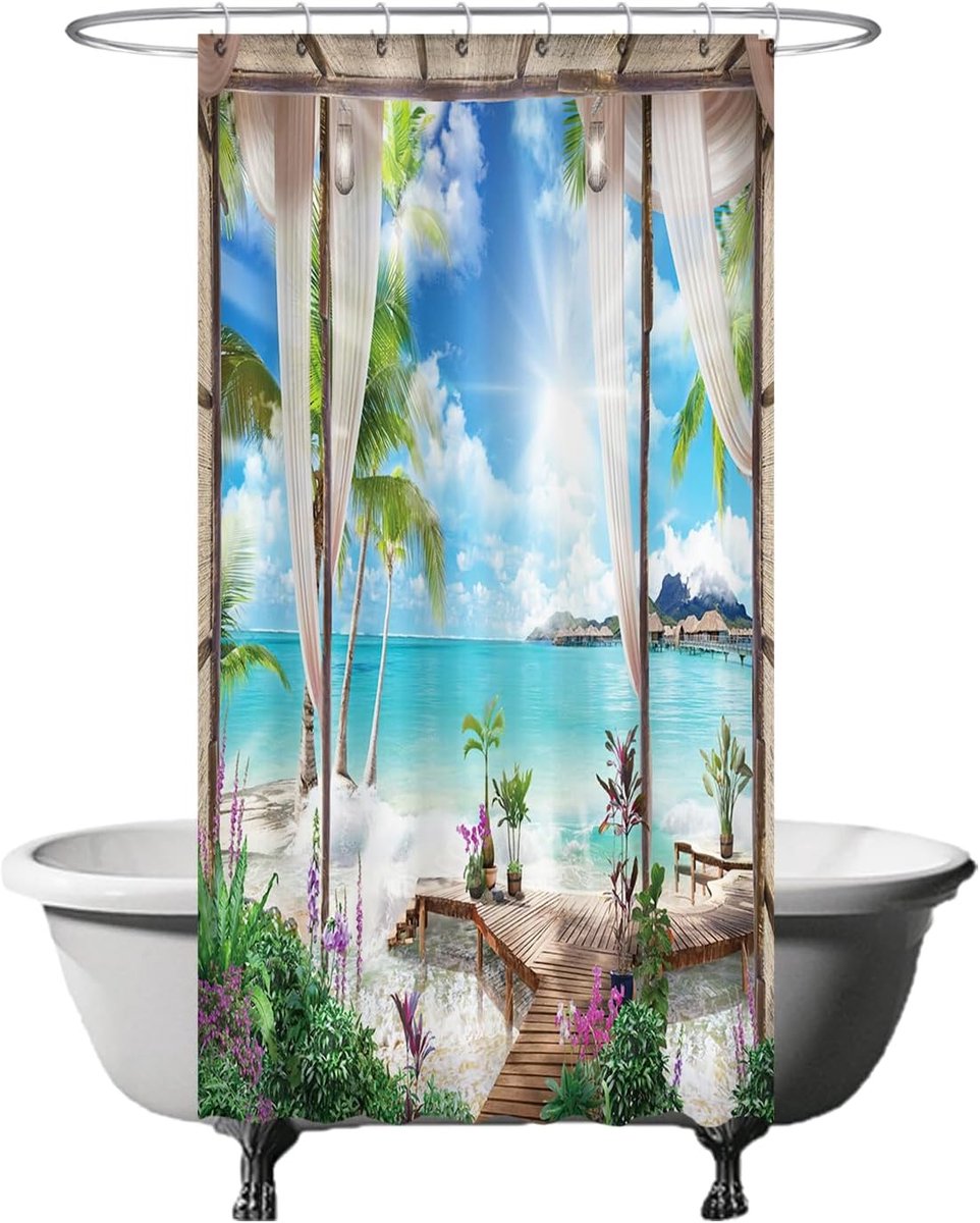 Douchegordijn - Strand Zee Natuur - 120 x 200 cm - Wasbaar - Anti-Schimmel - met 8ringen - Blauw Wit Groen