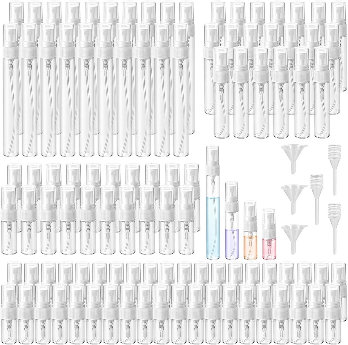 100 stuks mini-spuitflesjes van glas (2 ml + 3 ml + 5 ml + 10 ml), transparante parfumverstuiver met deksel - ShopVlot