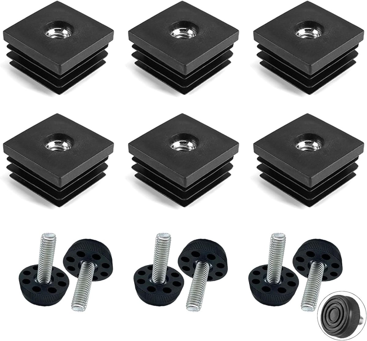 6 stuks vierkante buizen met M8-schroefdraad, 30 x 30 mm, vierkante kunststof doppen met meubelpoten, zwarte - ShopVlot