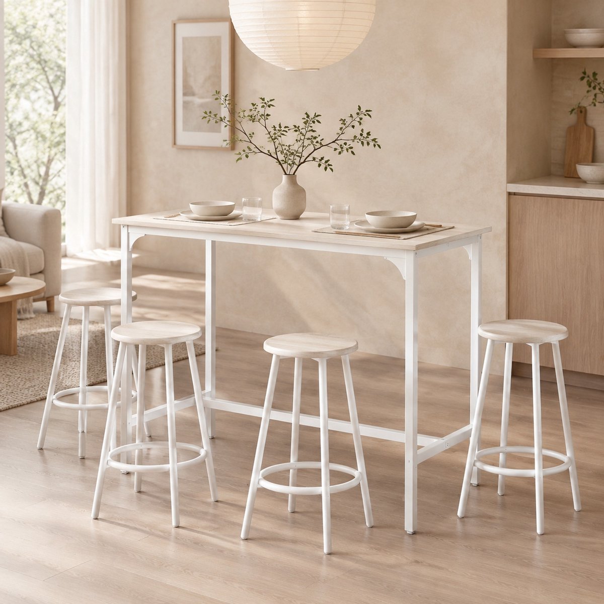 Wishdor Bartafelset met 4 barkrukken - Ruimtebesparend onder tafel - Verstelbare poten en voetsteunen - Industrieel - Keuken eetkamer - Houtlook en metaal - Eiken wit - 110 x 50 x 89,5 cm