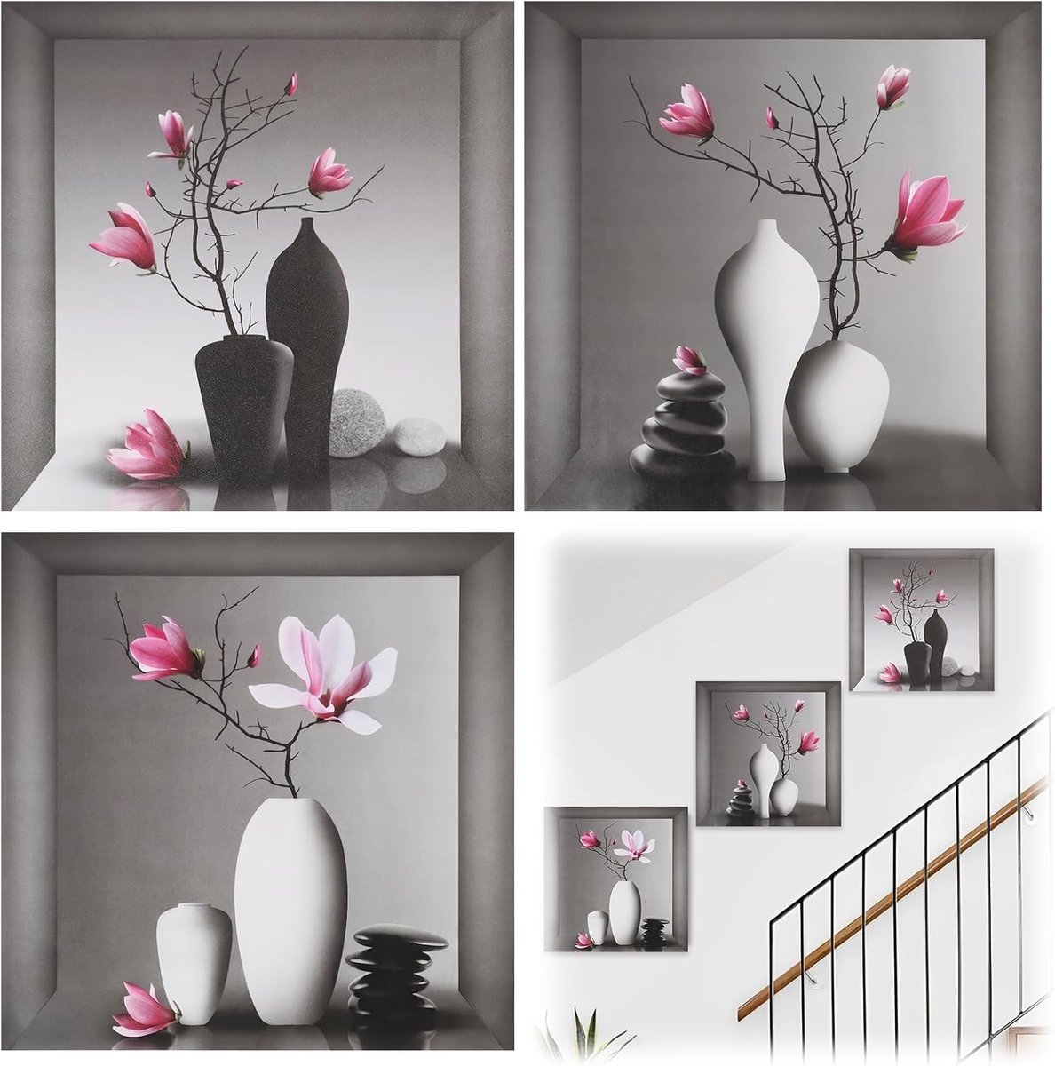3 stuks 3D-muurstickers, vaas met bloemen, frame, wanddecoratie, zelfklevende decoraties voor muur, 30 x 30 cm - ShopVlot