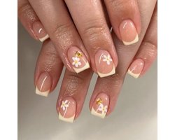 Viugex 24 Pcs French Yellow Fake Nails, Short Square Press on Nails with Bee Flower Design, Natural Acrylic Full Coverage Fake Nail Set, Removable Sticky Nail for Women Girls Manicure