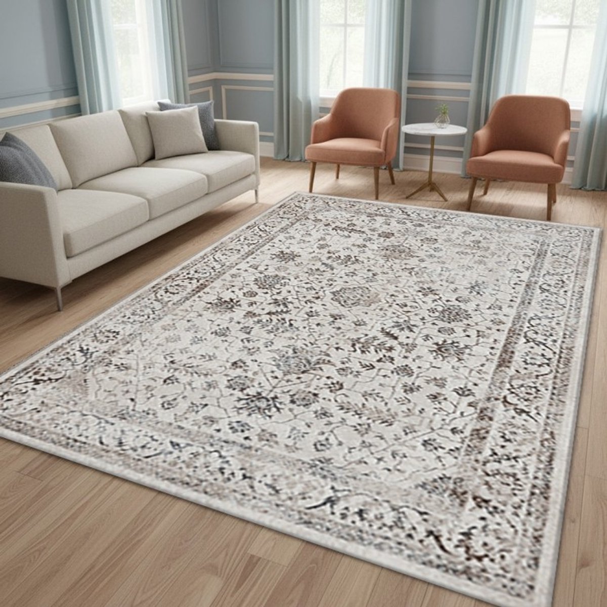 TapisTrend Designer tapijt Crème 120x170 cm Vintage oosters met bloemenmedaillon en klassieke rand voor de woon- en eetkamer Beige