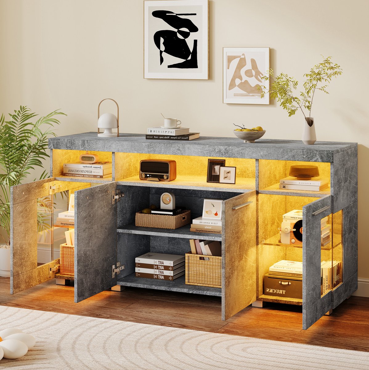 WUVRIE Dressoir 140x40x70 cm - 3 lades, 6 vakken en LED-verlichting - Cementgrijs