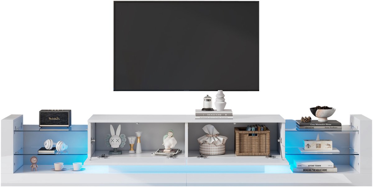 WUVRIE Tv-meubel 181 cm - LED-verlichting, glazen front en 2 kleppen - Hoogglans wit