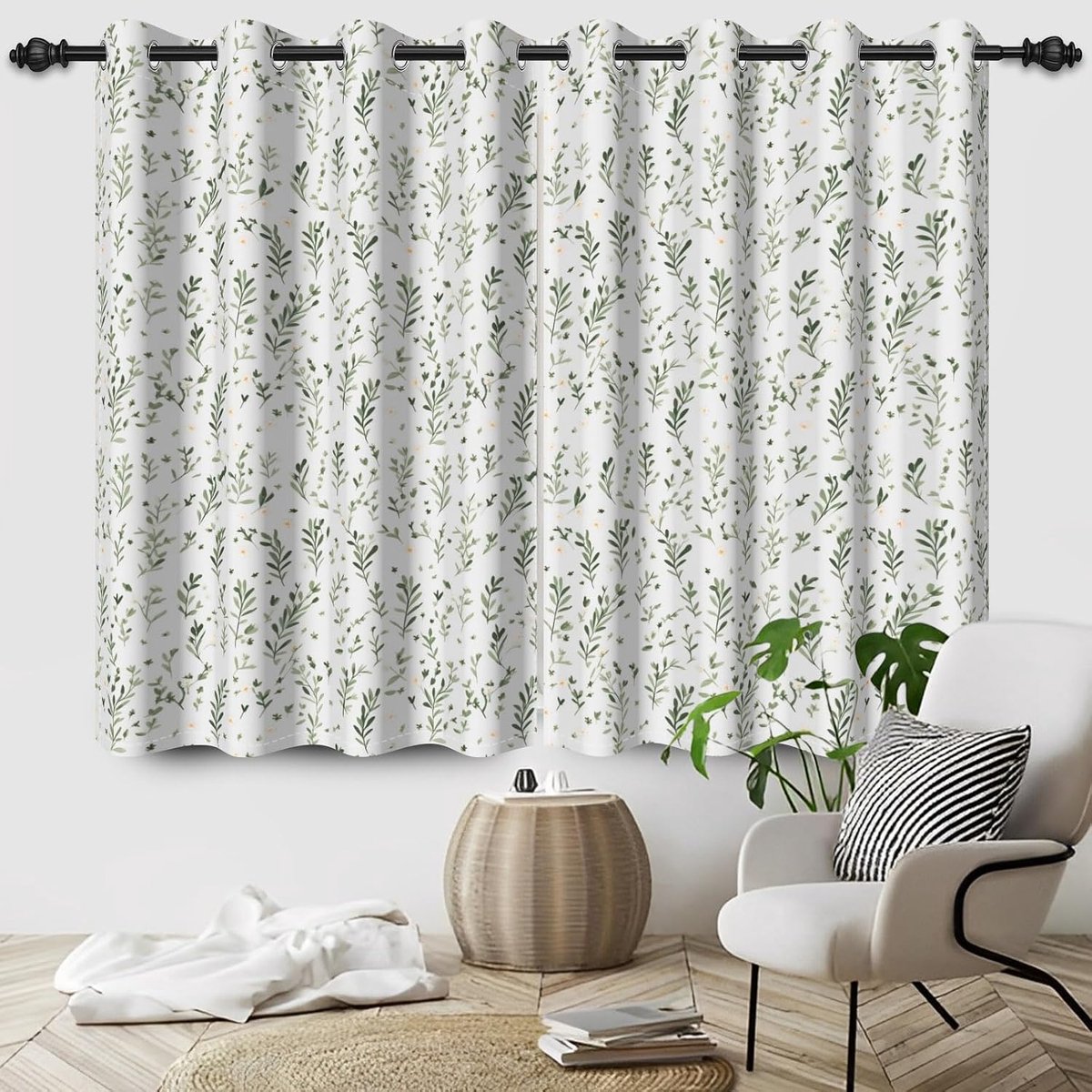 107 x 160 cm, gordijnen met inslagringen, bladeren, planten, bladeren, saliegroen, natuurlijke tuin, landelijk huis - ShopVlot