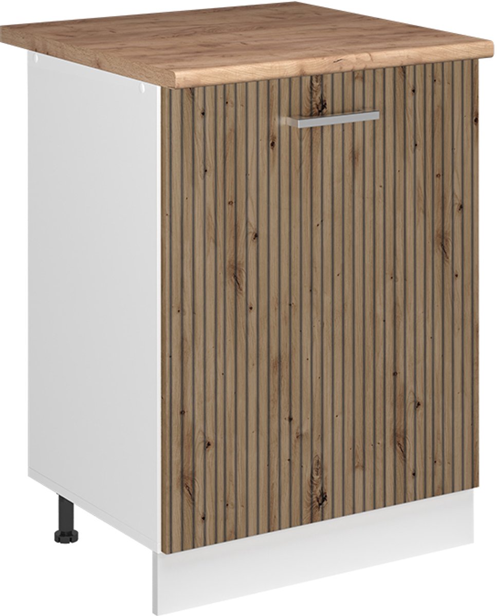 Vicco Keukenonderkast R-Line, Artisanaal eiken/Wit, 60 cm met 1 deur goudkleurig eiken werkblad