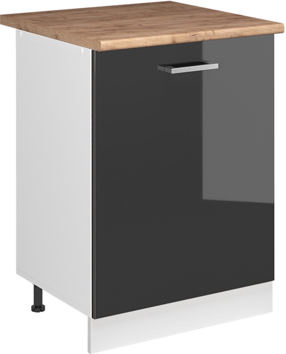 Vicco Keukenonderkast R-Line, Antraciet Hoogglans/Wit, 60 cm met 1 deur goudkleurig eiken werkblad
