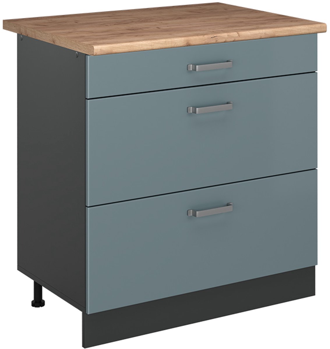Vicco Keukenonderkast R-Line, Blauw-grijs/Antraciet, 80 cm met 3 laden goudkleurig eiken werkblad
