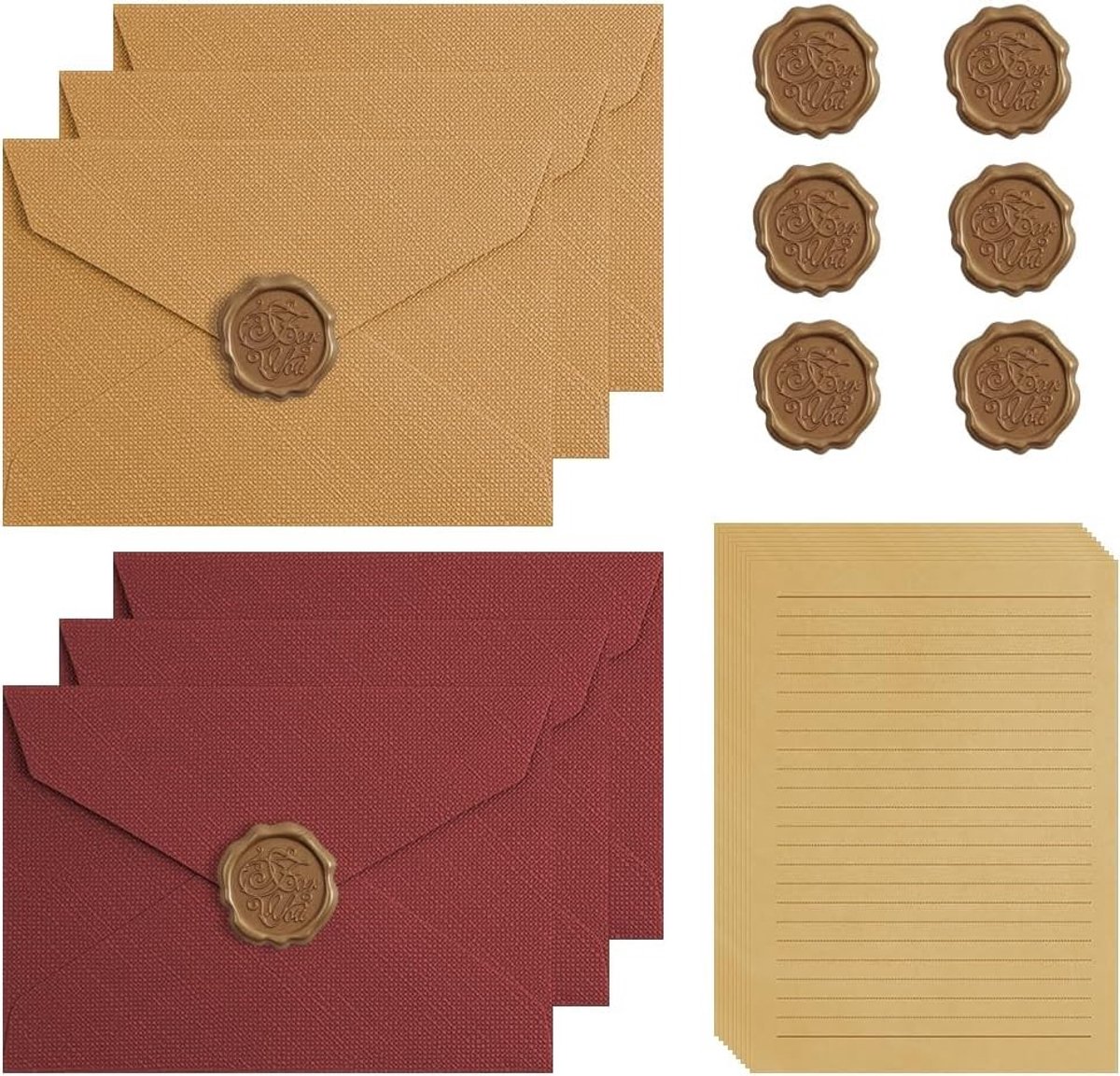 Vintage Briefpapierset met 22 Enveloppen, 10 A5 Gelijnde Bladen, 6 Linnen Enveloppen en 6 Waszegels voor Uitnodigingen en Liefdesbrieven
