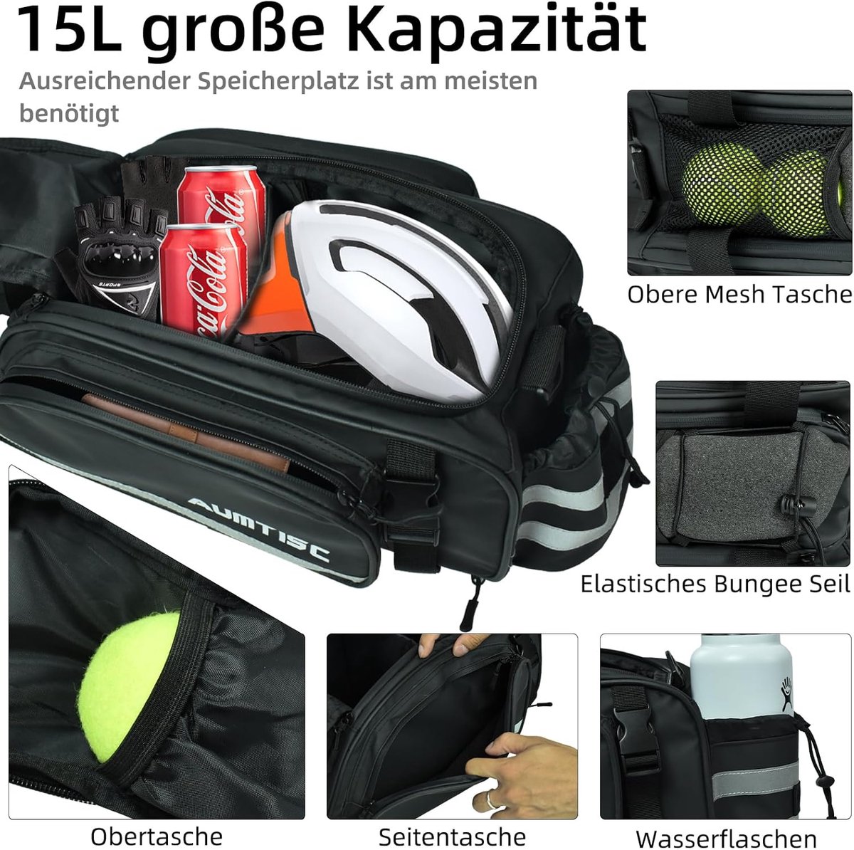 SnelShoppen - Waterdichte Fietstas voor Bagagedrager, 14L, Reflecterend, Inclusief Schouderriem en Fleshouder met Regenhoes, Perfect voor Fietsen en K