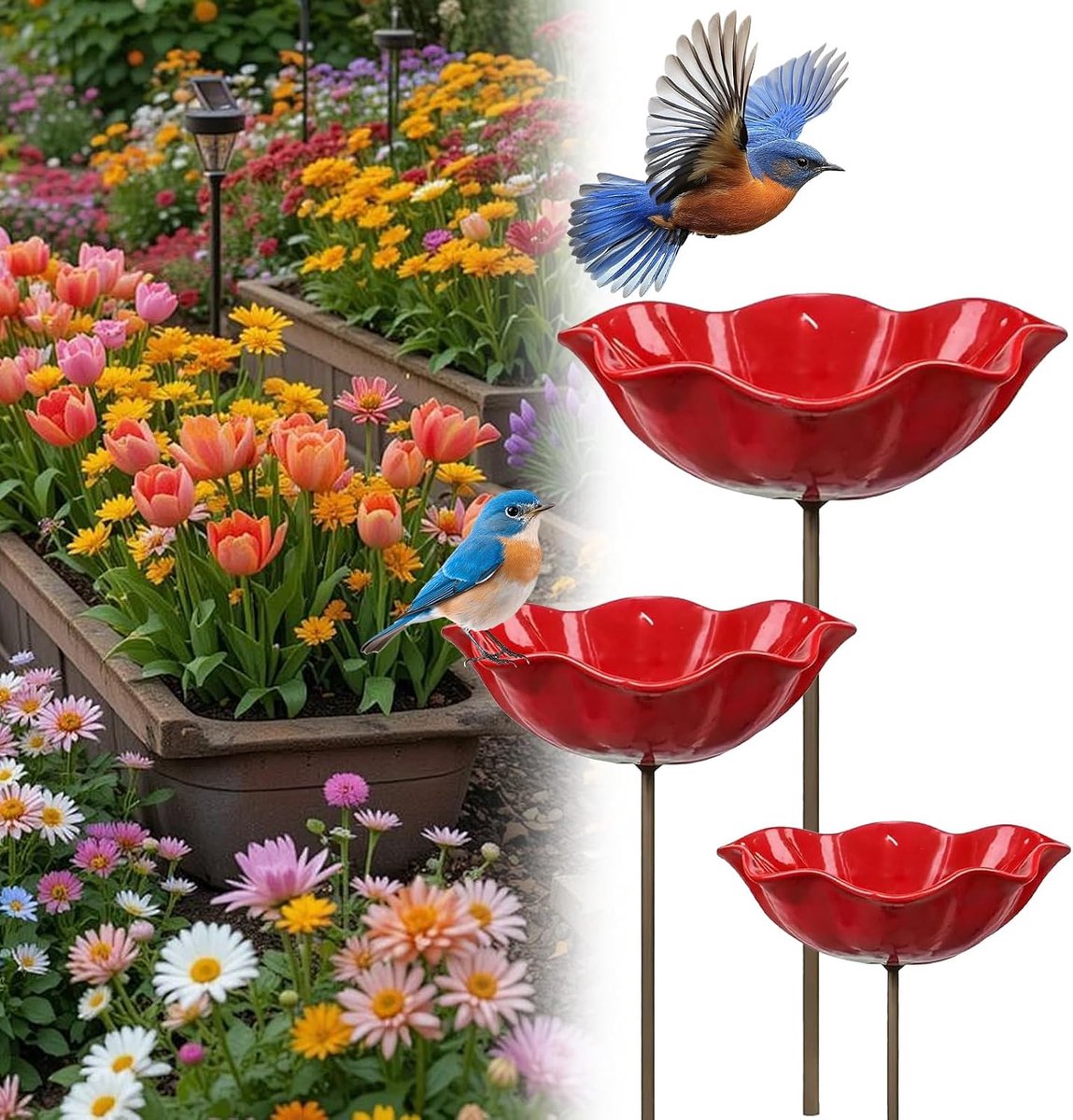 Drinkbak voor vogels in bloemvorm van metaal, drinkbak voor bijen in de buitentuin, drinkbak voor vogels en insecten, drinkbak voor bijen voor tuin, terras en patio (set van 3)