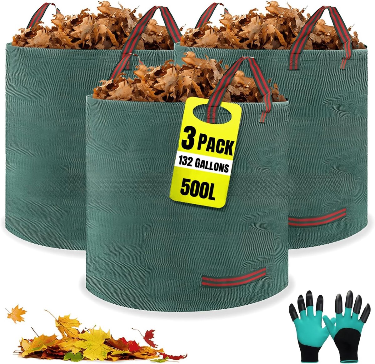 Tuinafvalzakken inclusief handschoenen, 4 handgrepen, vrijstaand, waterdicht, duurzame en corrosiebestendige bladzak, geschikt voor tuinafval (3 x 500 l)