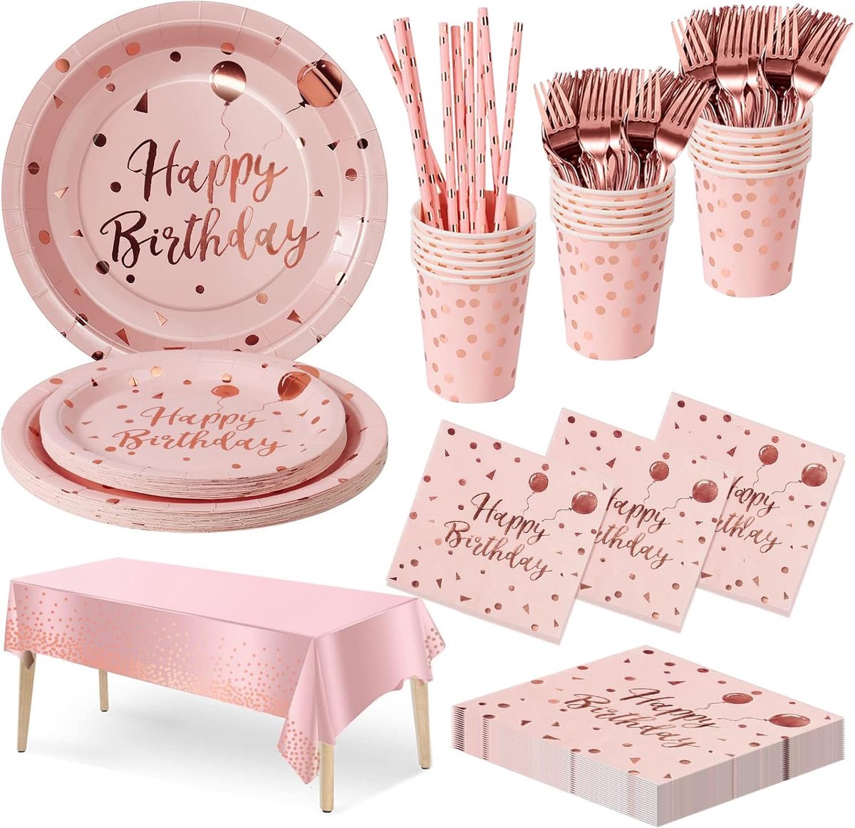 Feestservies 20-Persoons Roze en roségoud - Partyset voor Kinderfeestje Inclusief Papieren Bordjes, Bekers, Servetten, Tafelkleed en Herbruikbaar Bestek - Verjaardagsdecoratie