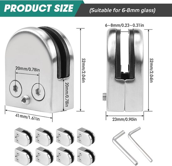 Roestvrij staal 8 stuks glasklem glasklemmen glasklemhouder glasplaathouder glashouder voor 8-10 mm dik glas, acrylglas en houten vloeren — afbeelding 2