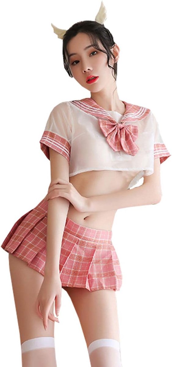 Uniform Lingerie Set Japanse Anime Cosplay Outfits Korte Mouw Shirt met Mini Plaid Rok