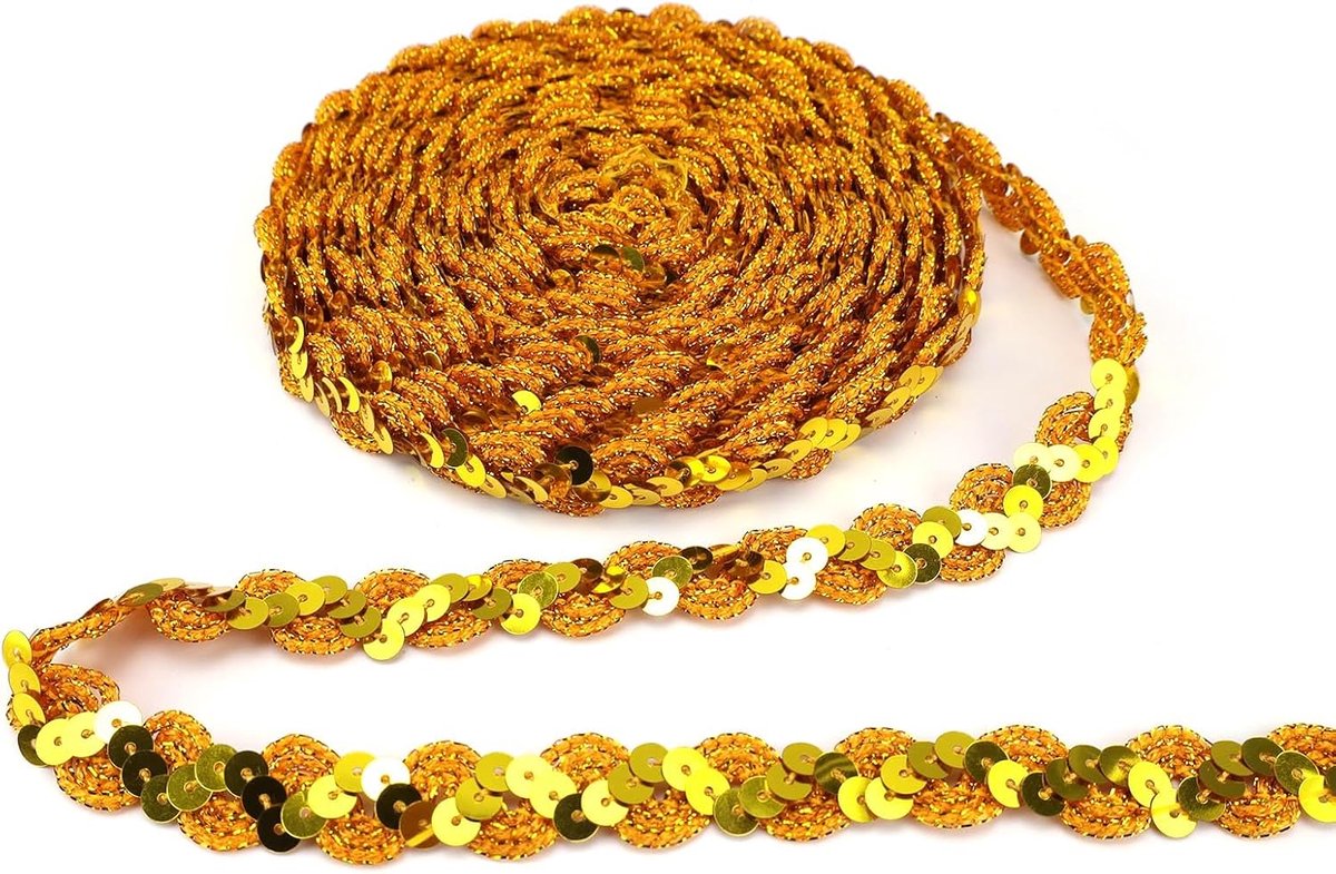 Paillettenlint goud, pailletten trim, plat paillettenband glitter, gegolfd elastische pailletten voor podiumkostuums, gordijnen en hoeden voor doe-het-zelf (15 mm)