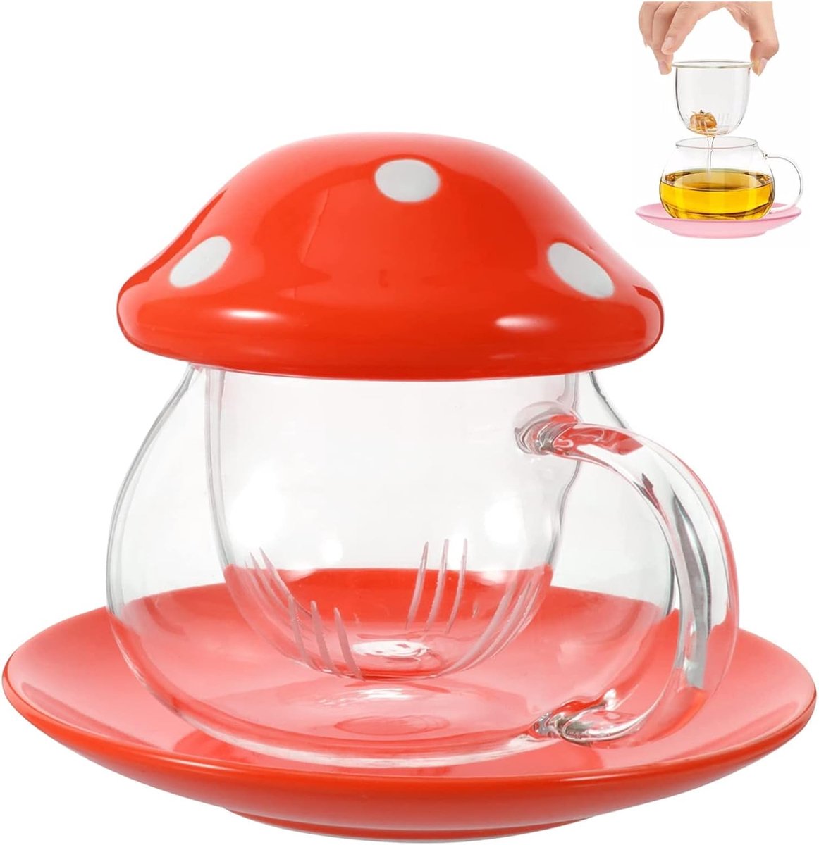 Cup, Paddenstoelbeker met deksel, Mushroom mok, paddenstoelglas, glazen beker met deksel, met onderzetter. Mok deksel. Theezeef, 290 ml (Oranje