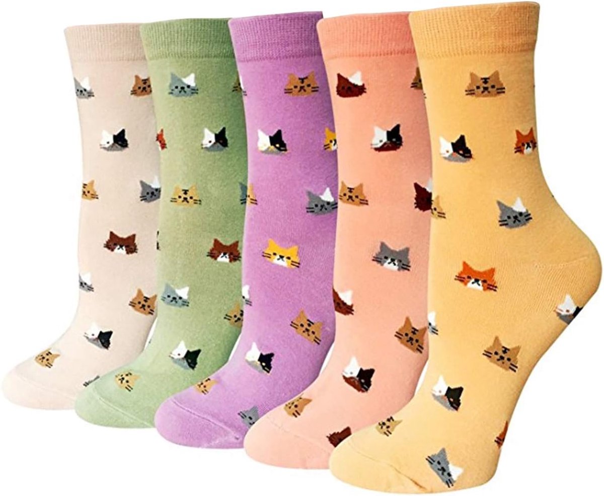 Sokken, katoen, 5 paar, schattige grappige kleurrijke sokken, thermische sokken, ademend, zacht, katoenen sokken, sneakers, korte sokken, sportsokken, vrouwen, meisjes, sokken, Katten, One