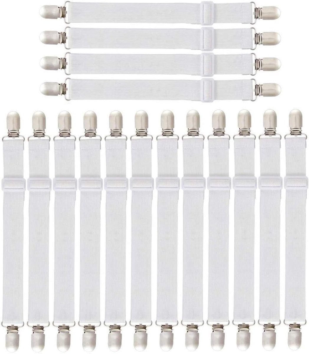 Lakenspanners, verstelbare elastische bedlakenspanners, lakspanners met metalen clips, matrasspanner voor laken, matras (16 stuks, wit)