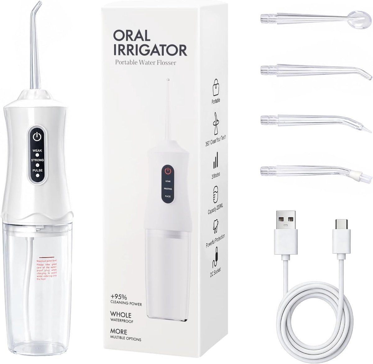 Draagbaar, USB, oplaadbaar, IPX7, met 4 sproeiers, wit