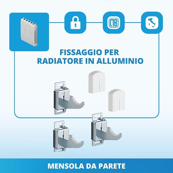 Muurbeugels voor aluminium radiatoren, met verticale / horizontale afstelling en veiligheid - Witte ABS-afdekking en kunststof isolatoren - Maximale capaciteit 50 kg per bevestiging - 3 stuks. — afbeelding 2