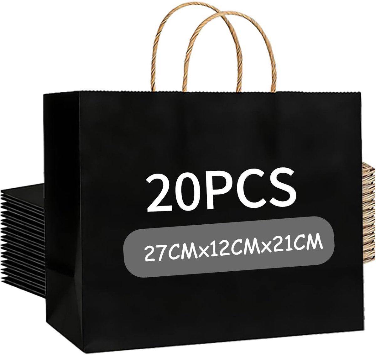 Set van 20 zwarte papieren zakjes met handvat, cadeauzakjes voor Pasen, Kerstmis, bruiloft, verjaardagsfeest, kinderverjaardag, 130 g/m², 27 x 12 x 21 cm, zwart