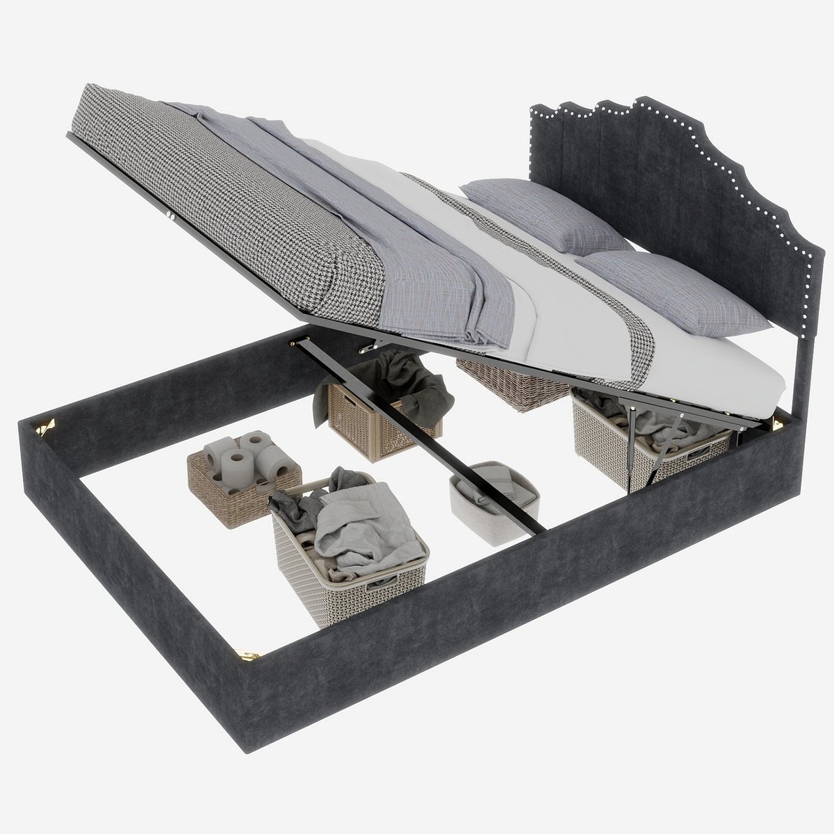 Merax Gestoffeerd Bed 140x200 - Fluwelen Stof Grijs - Bed met Opbergruimte - Hoog Boxframe met Hydraulische Gasveer - Metalen Frame - Houten Lattenbodem - Zonder Matras