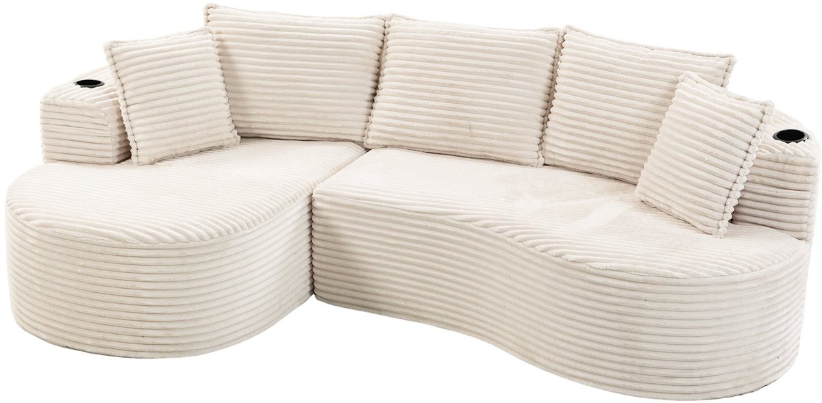 Merax 3-Zits Bank - Gebogen Sofa - Cord Stof - met Bekerhouders en Opbergvakken - Beige