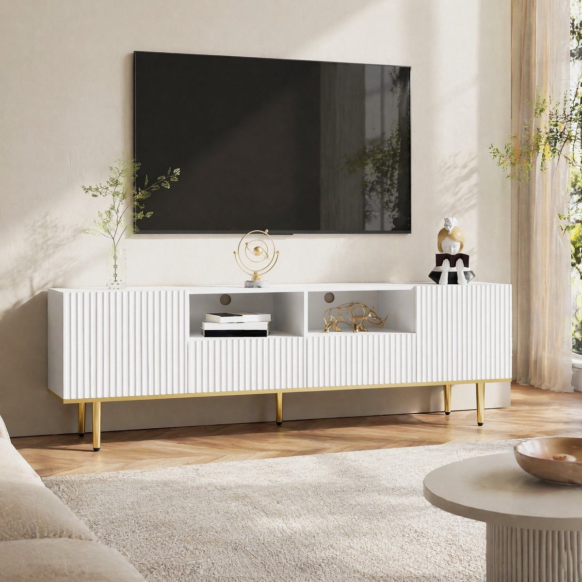 WUVRIE TV-meubel 165 x 36 x 55 cm - 2 lades en 2 open vakken - Wit met goudkleurige poten