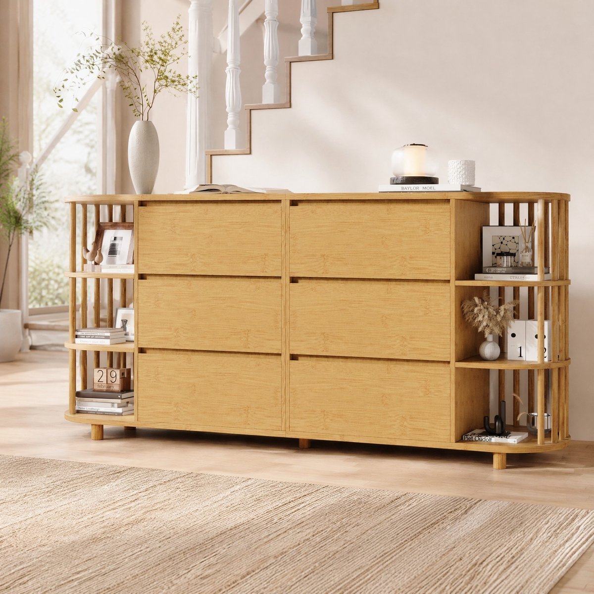 WUVRIE Dressoir 160x40x75 cm - 6 lades en open bamboeplanken - Eiken