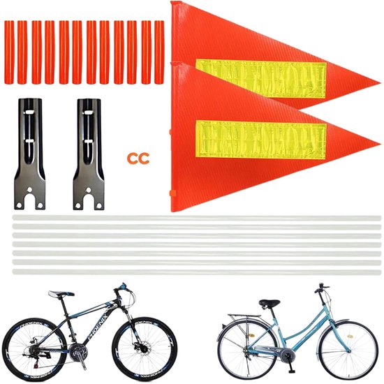 Oranje fietsvlaggen met reflecterende banden, bevestigingsbeugels en stokken.