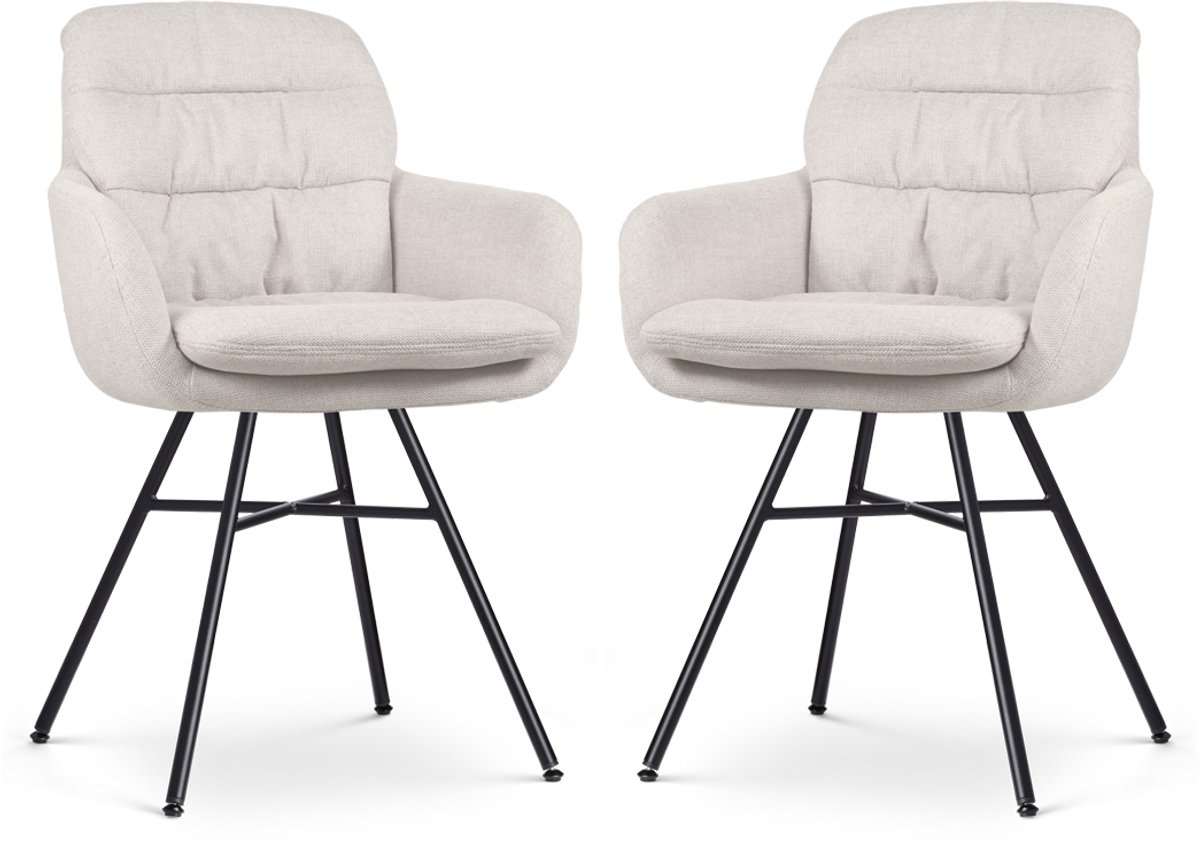 Nolon Noa-Mia Eetkamerstoelen Set van 2 Beige - met Armleuning - Stof - Zwarte Poten - Comfortabel - Scandinavisch Beige - Zwart onderstel