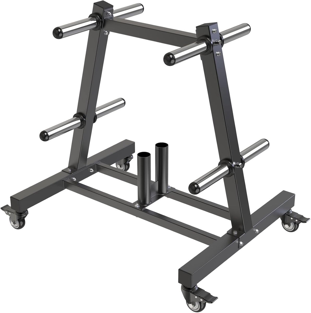 Olympische gewichtsschijven opslag met boomrek, 8 dumbbell pennen en 2 houders, stevige stalen fitness organizer met vergrendelbare wielen voor 2 inch olympische schijven en stangen