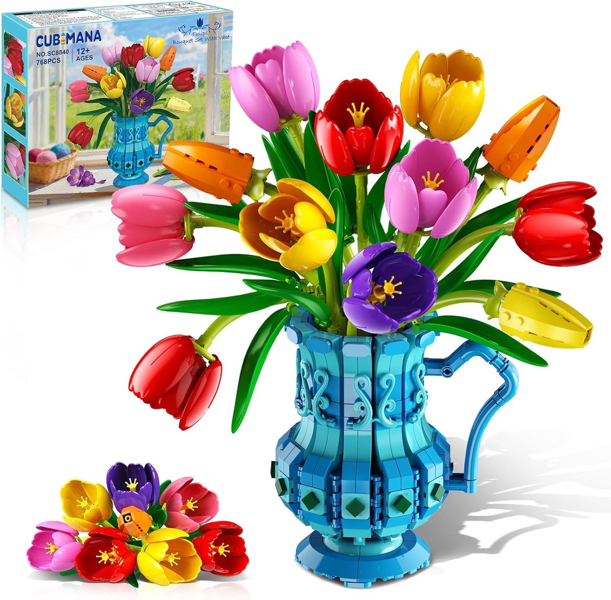 SnelShoppen - CUBIMANA Bloemen Bouwset met Vaasje - Tulpen Bonsai voor Volwassenen, Valentijn Cadeau voor Vrouwen/Moeders, 768 Onderdelen, Kunstplant