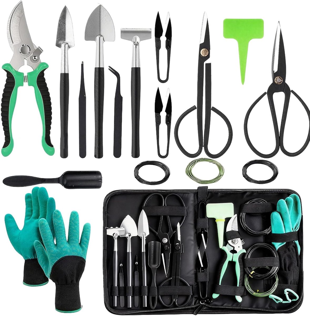 SnelShoppen - 24-delige Tuingereedschapsset voor Bonsai, Bonsai-Gereedschap, Bonsai-Schaar, Bonsai-Draad, Pincet, Tuinhandschoenen, Mini-Plantengereed