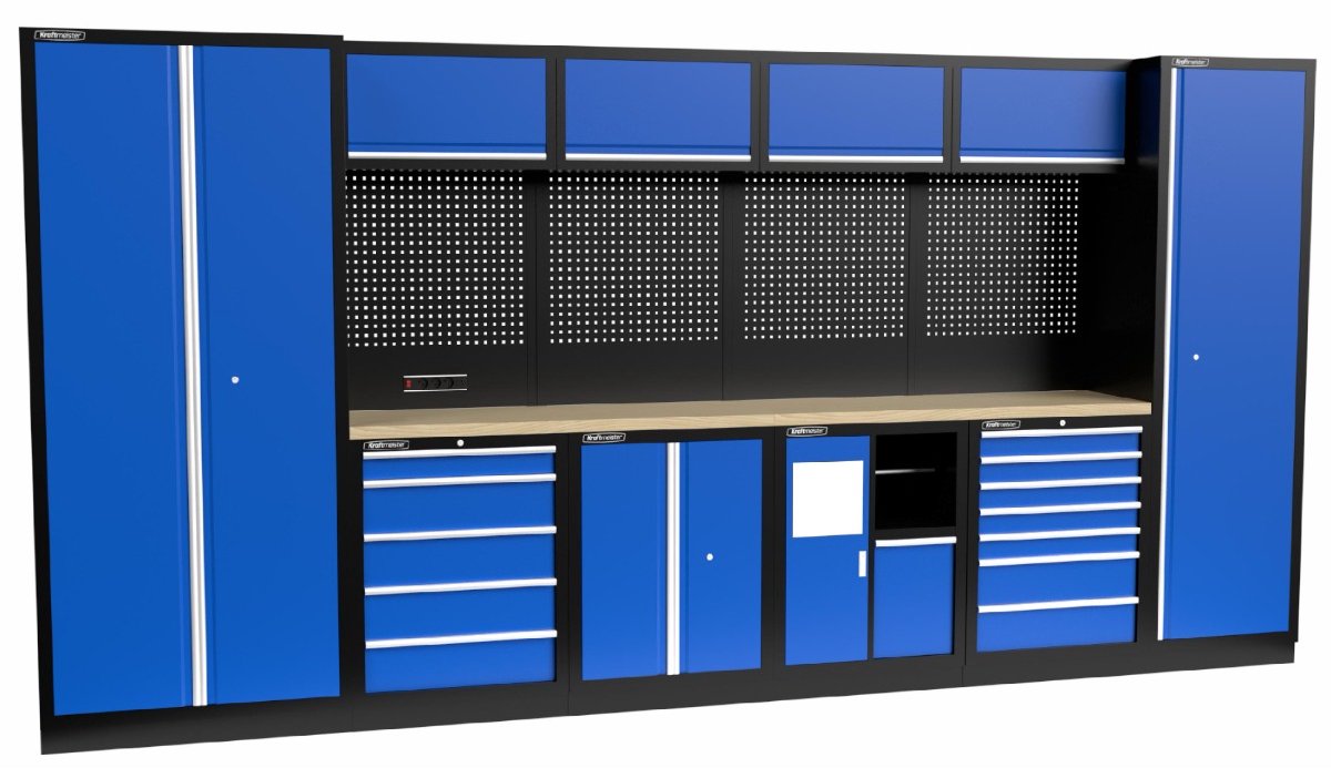Kraftmeister werkplaatsinrichting - Werkbank met 4 wandkasten, 2 werkplaatskasten, 1 opbergkast, 1 prullenbak en multiplex werkblad - Werktafel met 12 laden en gereedschapswand - Complete set voor werkplaats of garage - Blauw