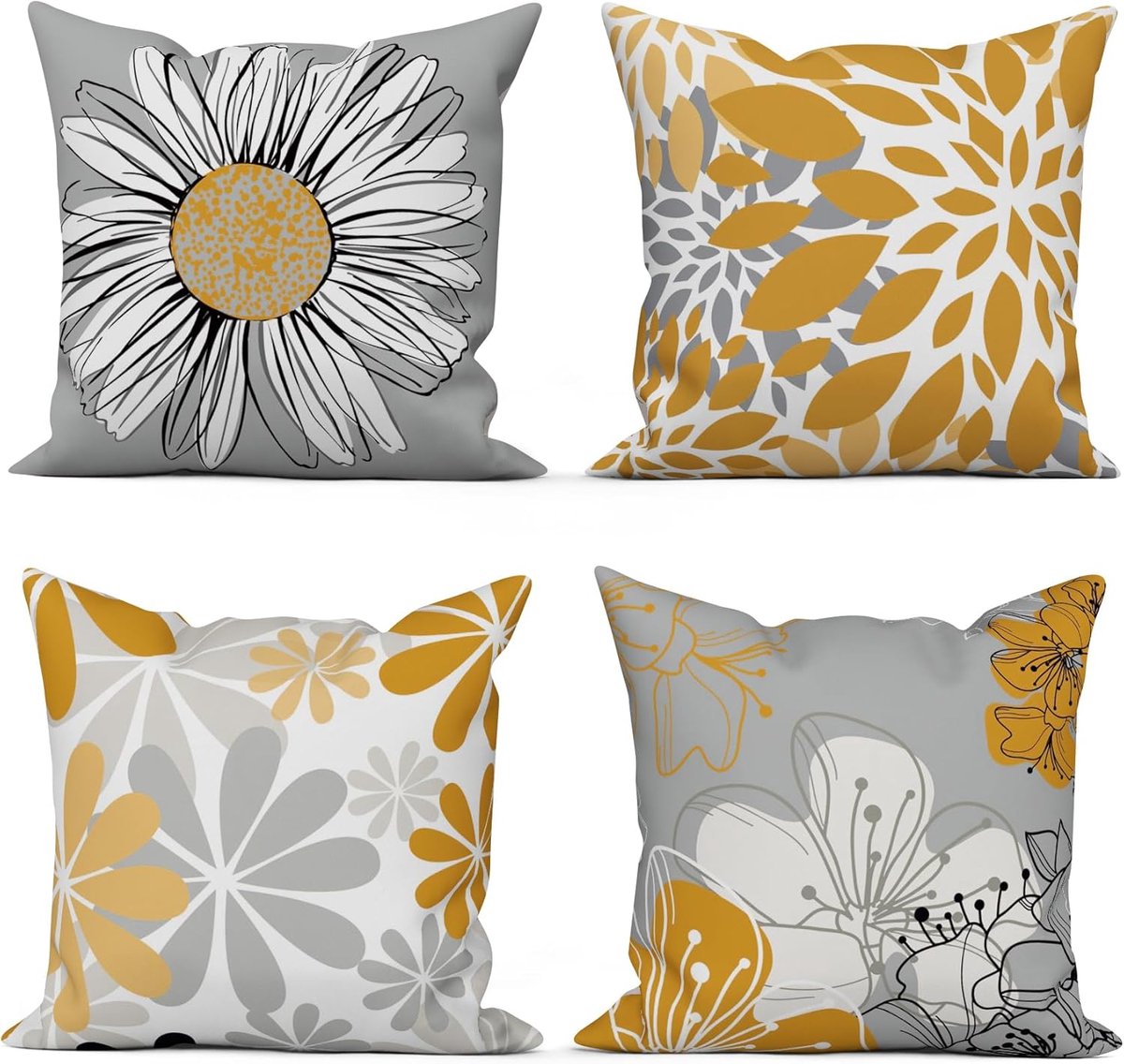 SnelShoppen - Set van 4 Kussenslopen 40x40 cm - Modern Geel Grijs Bloemenpatroon - Wasbaar Polyester Vlas - Decoratie voor Bank Sierkussen Outdoor Hoo