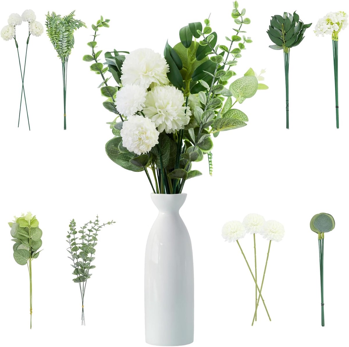55 stuks kunstbloemen en kunsttakken, witte bloemen, bladeren, kunstmatige decoratieve takken, zijden kunstbloemen - ShopVlot