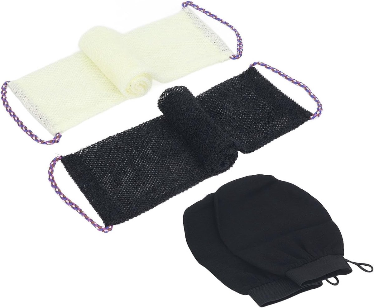 Set van Afrikaanse Bad Spons en Exfoliërende Rug Scrubber met Bad Handschoenen voor Zachte Huidverzorging, Roze Beige en Handige Opberging
