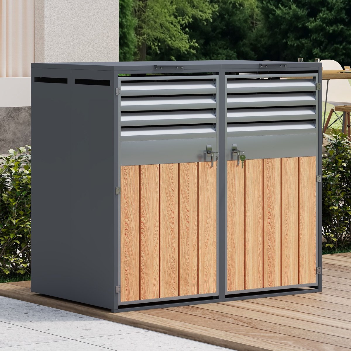 WUVRIE - Containerberging voor 2 afvalcontainers - Hydraulische klepdeksels en afsluitbare deuren - Grijs/houtlook