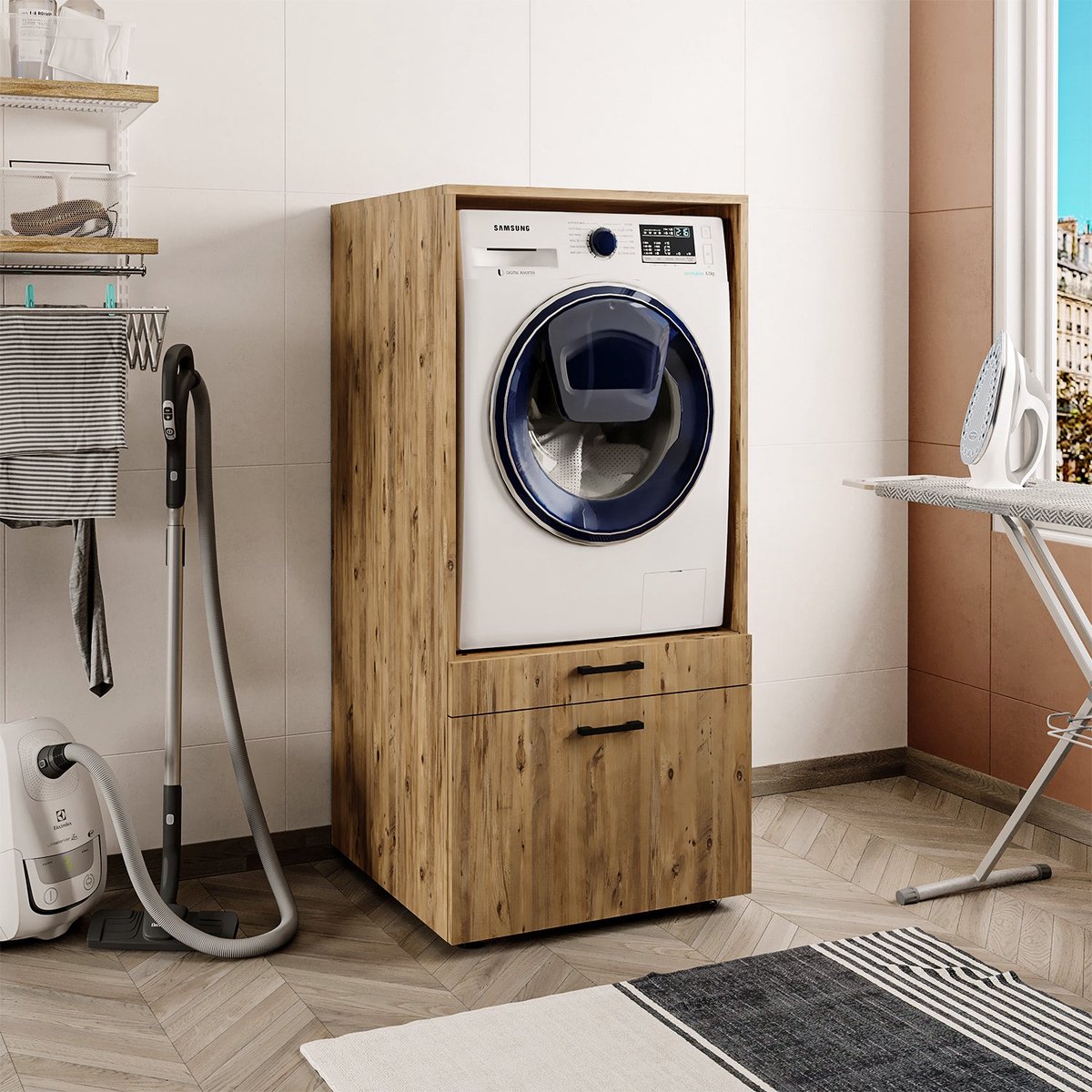 Roomart SERIE 2 Wasmachine Ombouwkast 67x145 cm - Uittrekblad en Lade - Eiken
