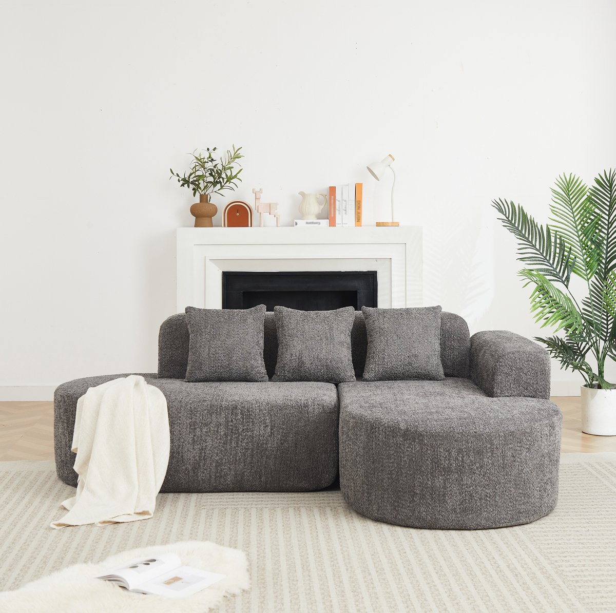 FloraGrace Hoekbank 3-Zits - Rechter Chaise Longue Met 3 Rugkussens - Rond Wabi-Sabi Design Voor Woonkamer - Chenille - Grijs
