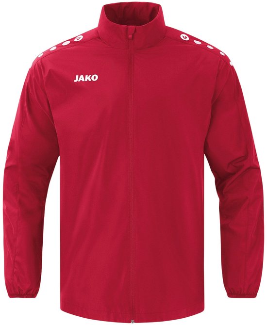 Rood Jako Light One regenjack voor junioren met rits en wit JAKO-logo op de borst.
