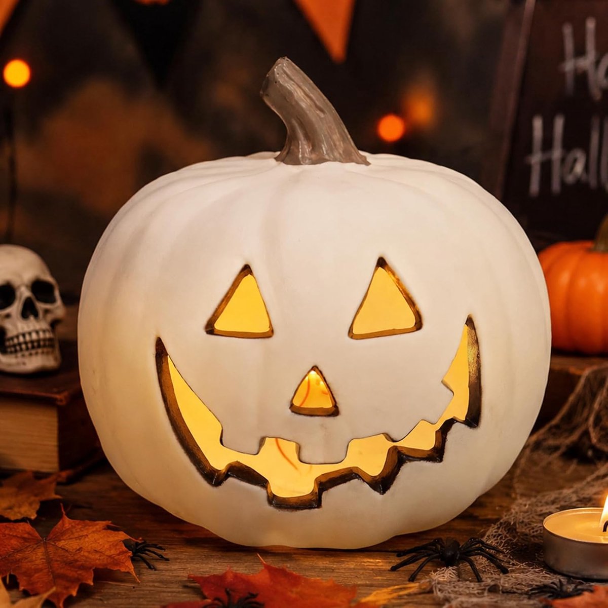 Halloween pompoen lantaarn 20 cm - led decoratie - griezelig gezicht - opvallende tuinversiering - ShopVlot
