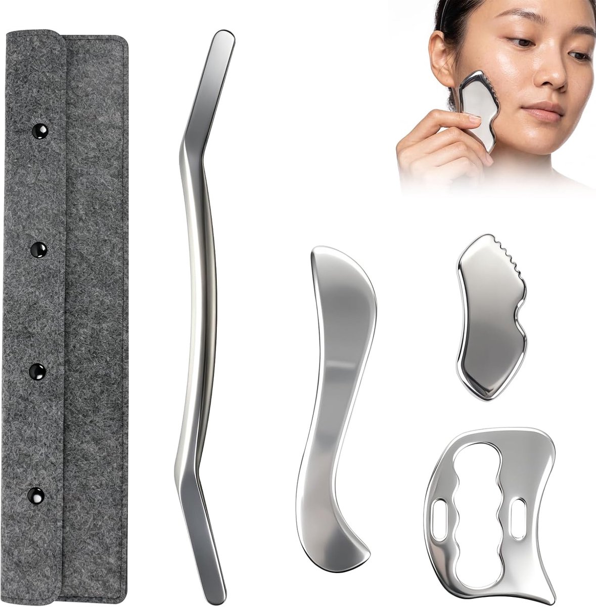 Gua Sha set 4-in-1 - roestvrij staal 304 - gepolijst oppervlak - veelzijdig massagegereedschap - SnelShoppen